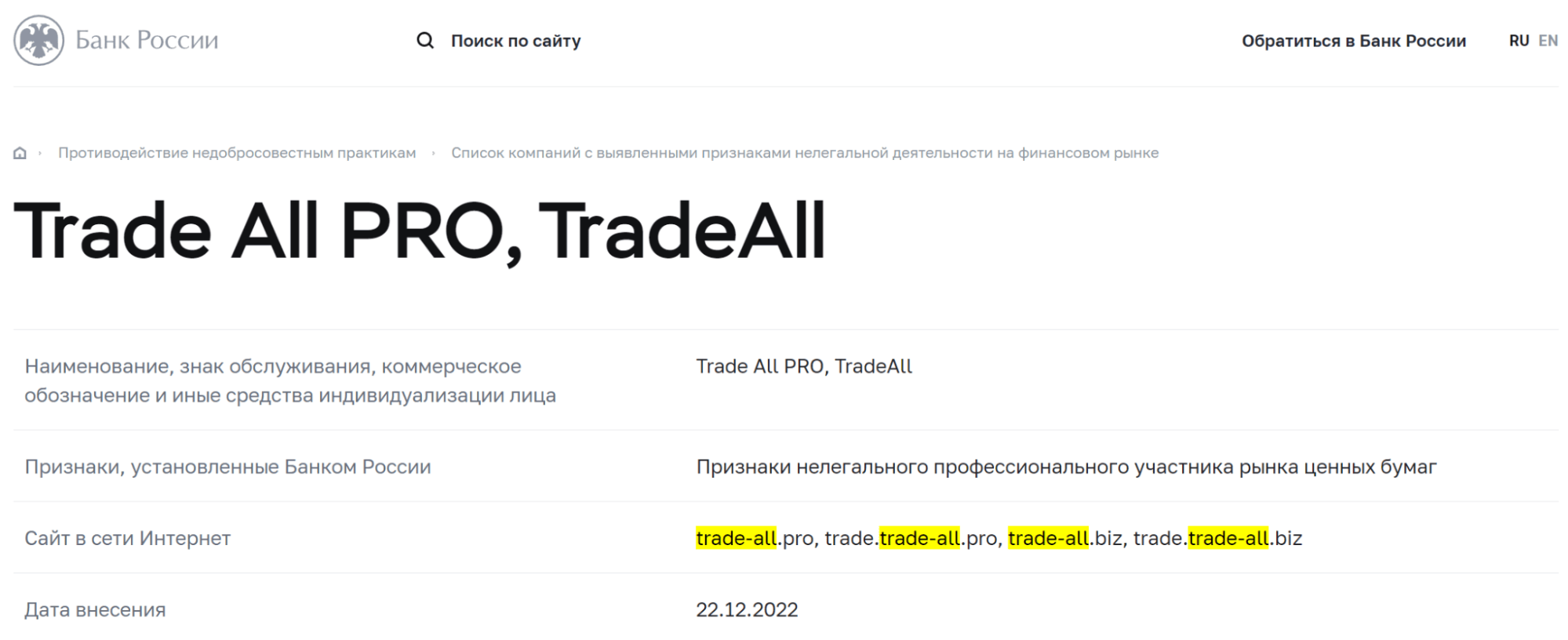 Trade All Biz мошенники
